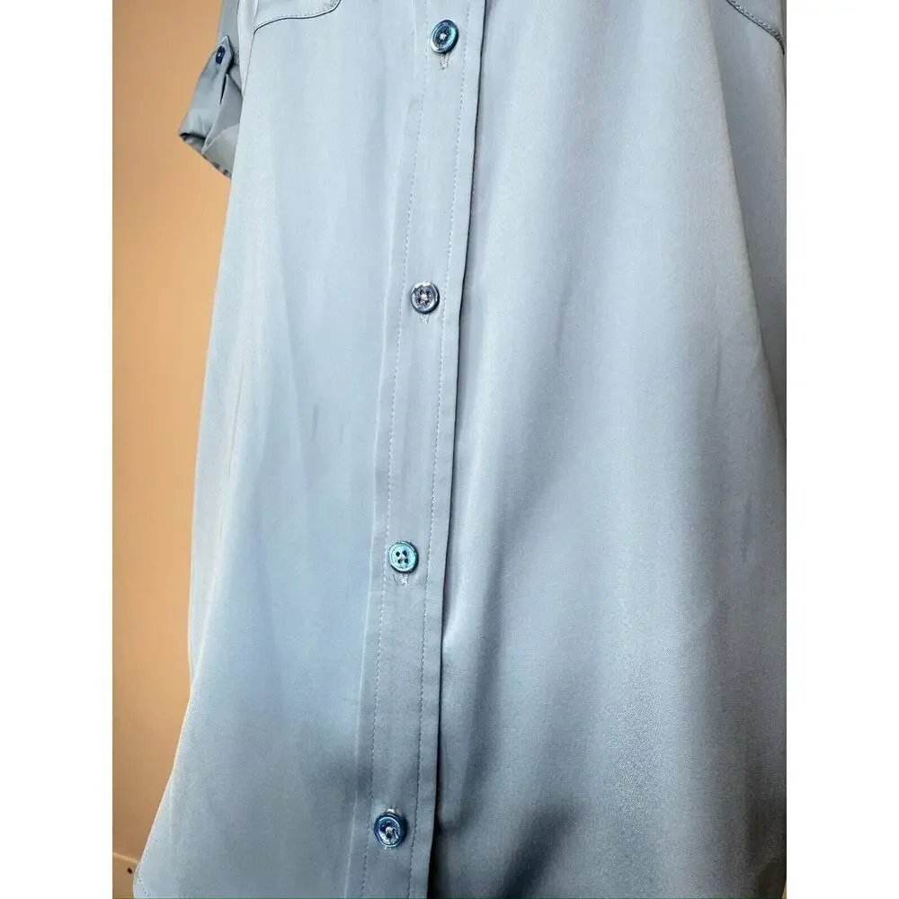 Equipment Femme Satin Shortsleeve Button Shirt Blue Preppy Office Old Money Chic - Picture 5 of 11